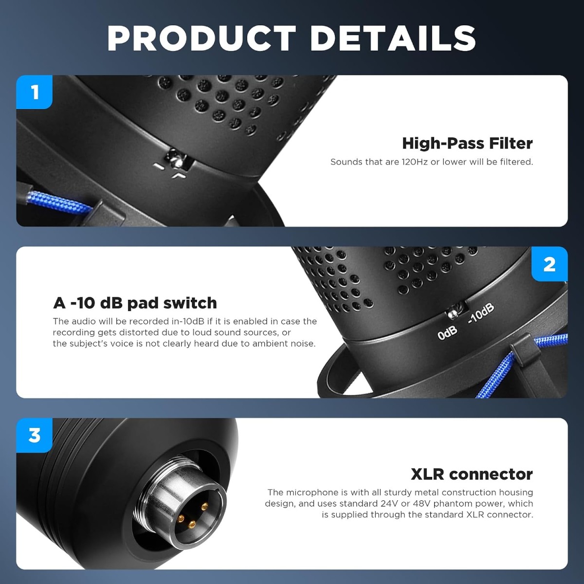 Boya BY-M1000 Condenser Microphone Podcast Mic Kit Support Omnidirectional/Bidirectional with Double-layer Pop Filter Shock Mount XLR Cable for Singer