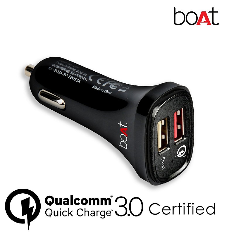 boAt Dual Port Rapid Car Charger Qualcomm Certified with Quick Charge 3.0+Free Micro USB Cable-Black