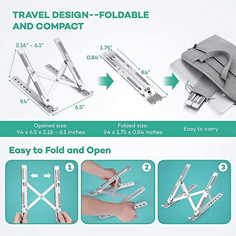 Airtree Adjustable Aluminum Portable Tabletop Laptop Rack Stand for Upto 17" laptops, Tablets, Mobiles, Books with Pouch (Silver)