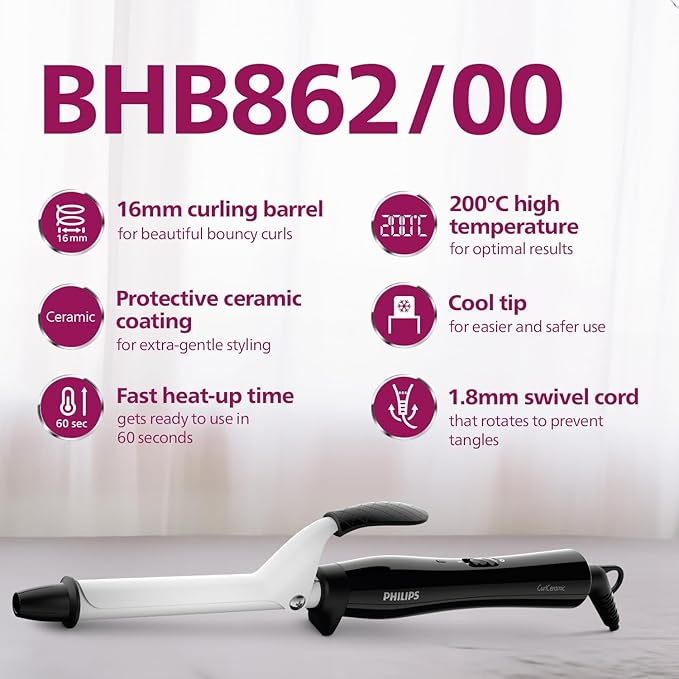 Philips Hair Curler with 16MM Barrel | Ceramic Coated Barrel for Long-Lasting Bouncy Looking Curls | Fast Heat Up | BHB862/00, Black