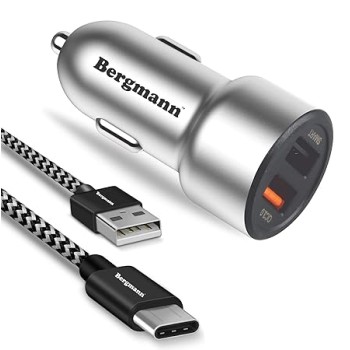 Bergmann 27 W Qualcomm 3.0 Turbo Car Charger  (Black, Silver, With USB Cable)