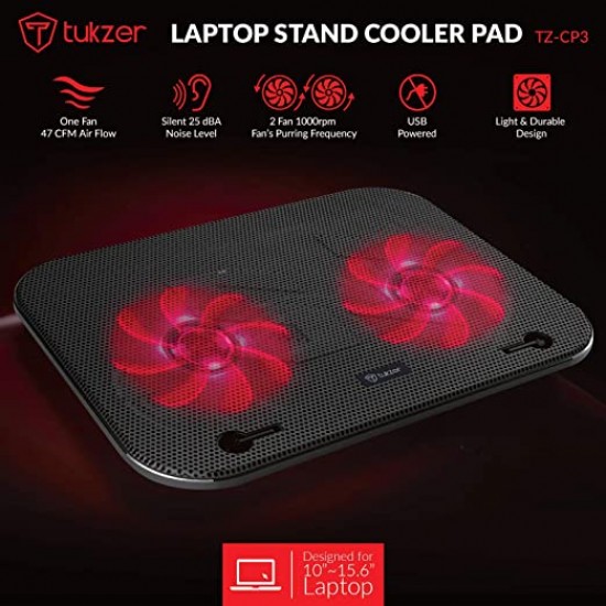 Tukzer Laptop Cooling Pad Portable Slim Quiet USB Powered Gaming Cooler Stand Chill Mat| 2-Red-LED Fans