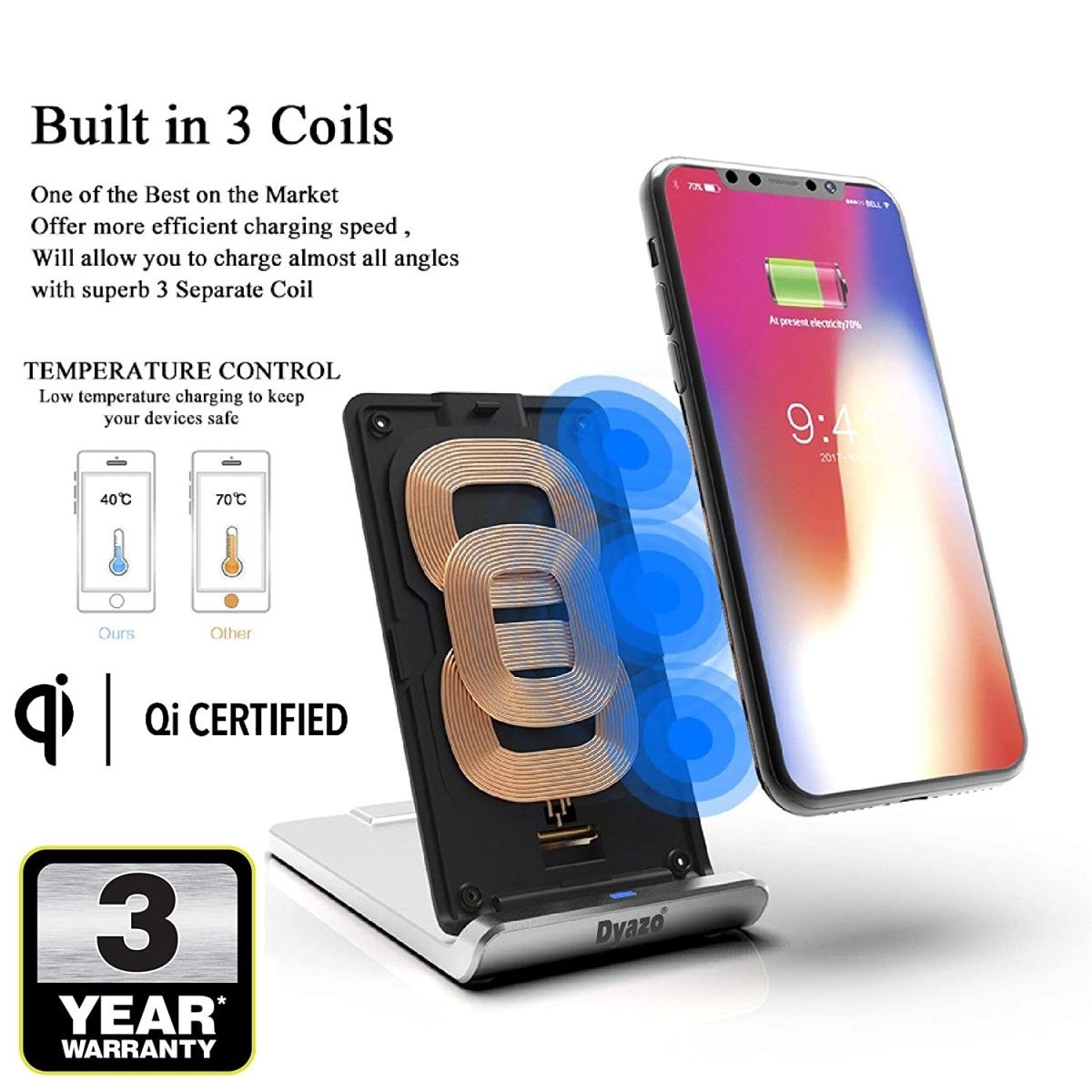 Dyazo 15 W / 10 W / 7.5 W W 3 Coil Qi Certified Wireless Charging Stand/Charging Pad Compatible with Samsung Galaxy Note 10