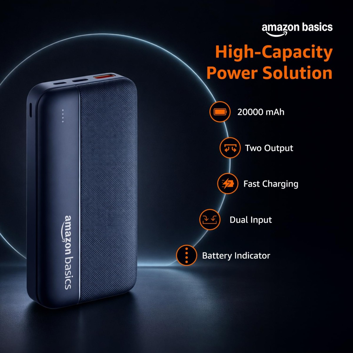 Amazon Basics 20000 mAh 22.5W Fast Charging Lithium Polymer Power Bank with Type C Cable Dual Input, Triple Output White