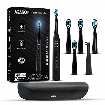 AGARO COSMIC PLUS Sonic Electric Tooth Brush For Adults With 5 Modes, 5 Brush Heads Power Toothbrush Black