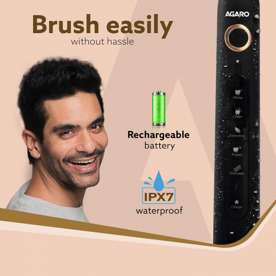 AGARO COSMIC PLUS Sonic Electric Tooth Brush For Adults With 5 Modes, 5 Brush Heads Power Toothbrush Black