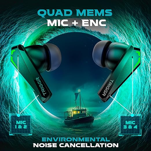 TRIGGR Kraken X2 Gaming Earbuds, TWS Low Latency, ENC Quad 4 Mics with Bluetooth v5.3 Rapid Pairing, 40 Hrs Playtime, IPX4 Water Resistance, Wireless in-Ear Earpods (Black)