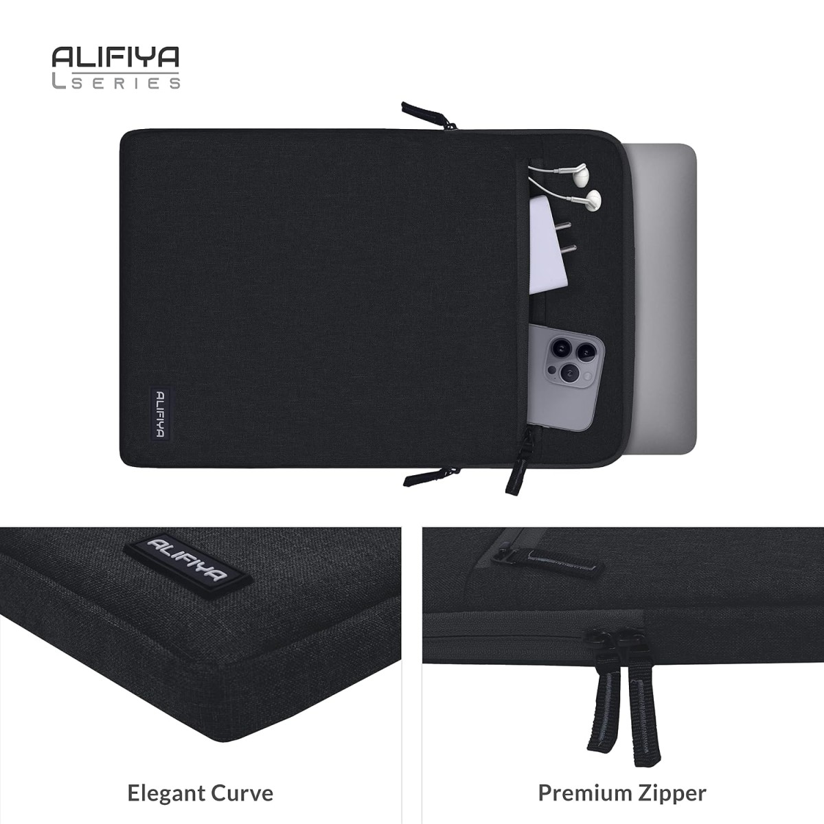 Alifiya Polyester MacBook Laptop Sleeve Cover Bag 16 Inch with Charger Pouch Black