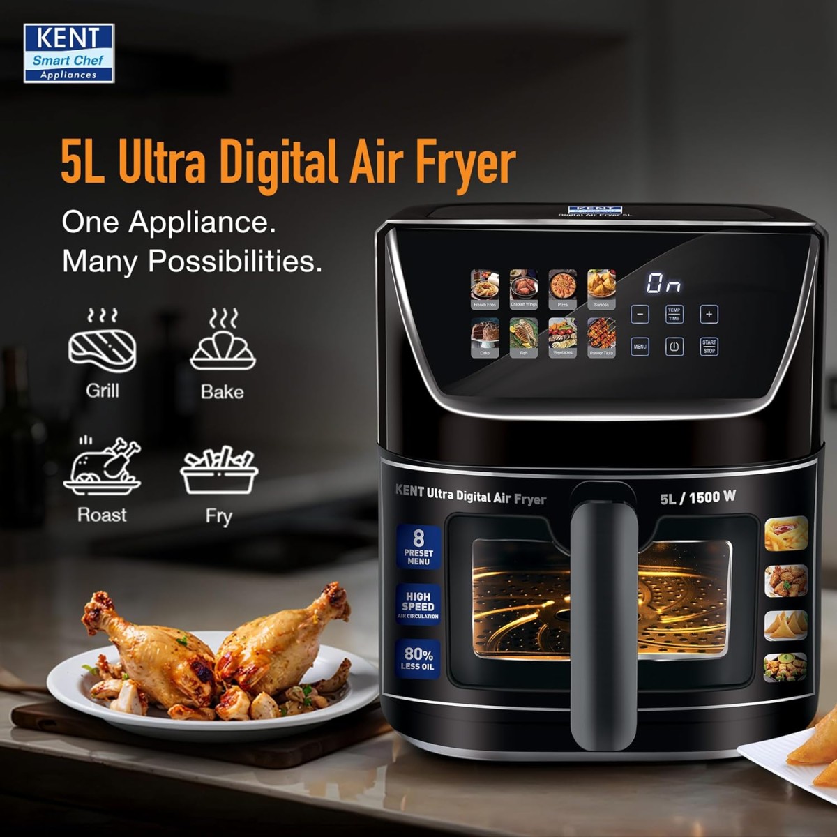 KENT Ultra Digital Air Fryer 5L | 1500W | Bake, Grill & Roast | Up to 80% Less Oil Usage |8 Preset Menu|Rapid Heat Circulation KENT Ultra Digital Air Fryer 5L | 1500W | Bake, Grill & Roast | Up to 80% Less Oil Usage |8 Preset Menu|Rapid Heat Circulation