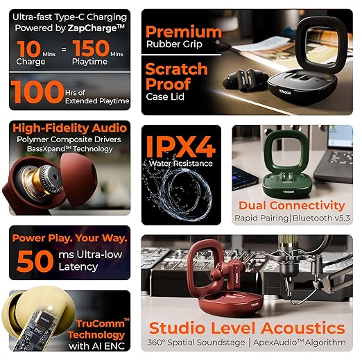 TRIGGR Apex S1 with Dual Pairing, 100H Battery, Quad Mic ENC, Rapid Pair, Rubber Finish Bluetooth (Midnight Black, True Wireless)