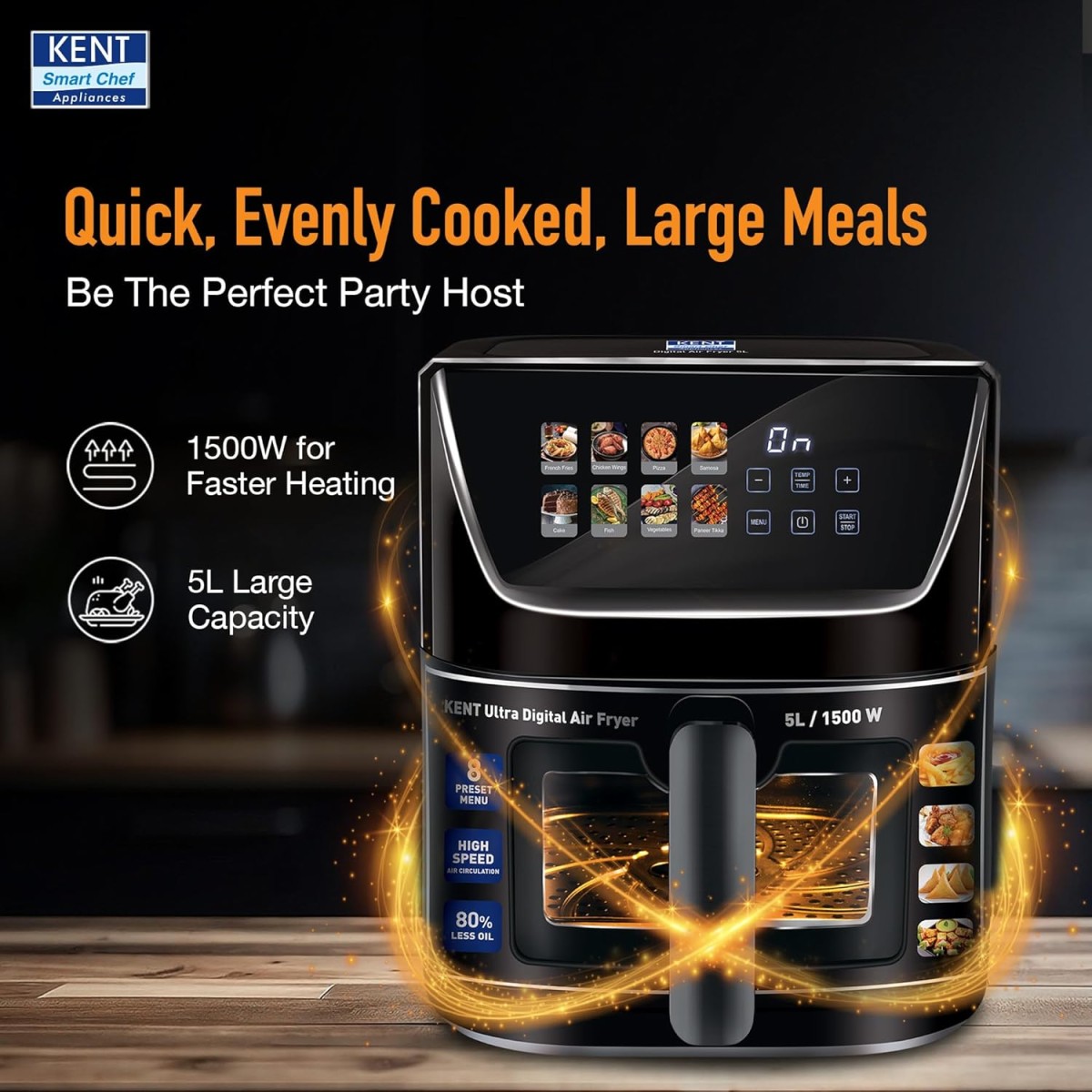 KENT Ultra Digital Air Fryer 5L | 1500W | Bake, Grill & Roast | Up to 80% Less Oil Usage |8 Preset Menu|Rapid Heat Circulation KENT Ultra Digital Air Fryer 5L | 1500W | Bake, Grill & Roast | Up to 80% Less Oil Usage |8 Preset Menu|Rapid Heat Circulation