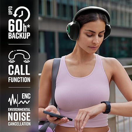 ZEBRONICS Duke Over Ear Wireless Headphone with Up to 60h Backup,Supports Bluetooth,Dual Pairing,Gaming Mode,Environmental Noise Cancellation (ENC),LED Lights,Deep Bass,Voice Assistant Support (Black)