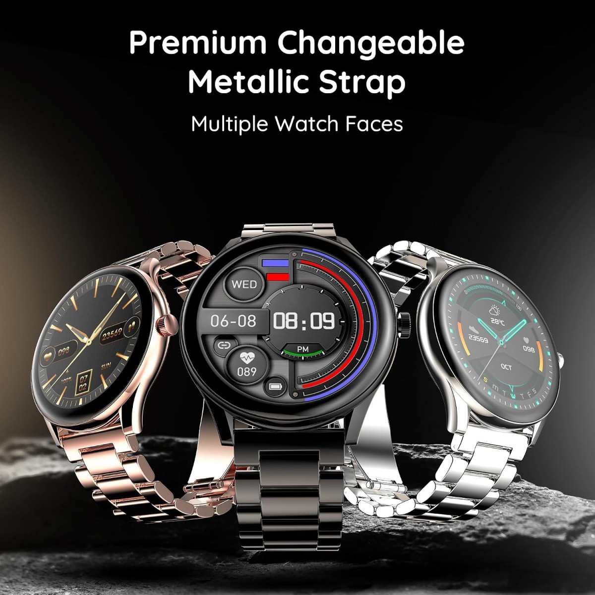 Pebble Cosmos Bold Pro 1.39 HD Display Luxury Metal Straps, BT Calling Voice Assistant Smartwatch (Black Strap, Free Size)