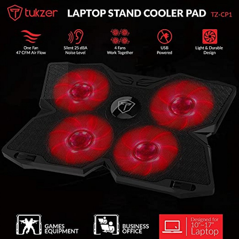 Tukzer Laptop Cooling Pad, Portable Slim Quiet-USB Powered Gaming Cooler Stand Chill Mat| 4-Red-LED Fans| Dual-USB-Port 