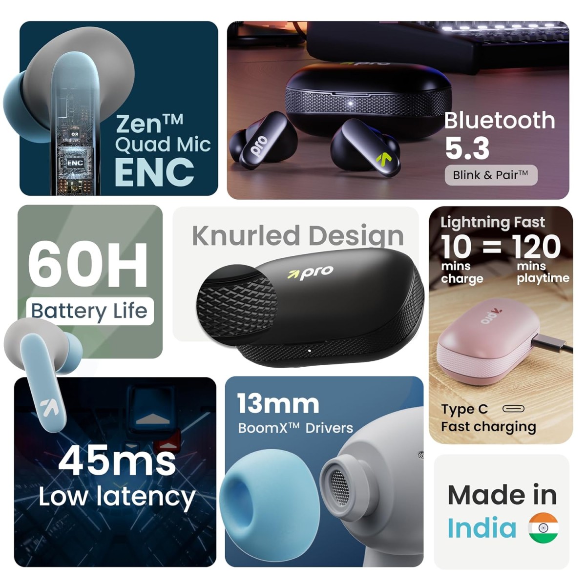 Boult Y1 Pro with Zen Quad Mic ENC, 60Hrs Battery, Fast Charging (Black, True Wireless)
