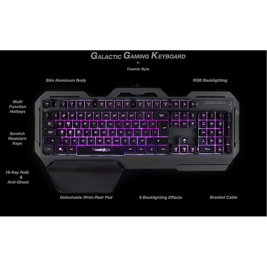 Cosmic Byte Cb-Gk-17 Galactic Wired Gaming Keyboard With Aluminium Body 7 Color RGB Backlit With Effects