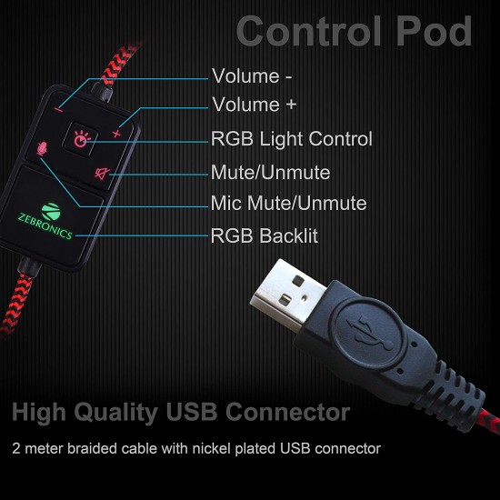 Zebronics Zeb-Orion USB 40mm Driver RGB LED Lights Gaming Headset with Mic Metal Finish