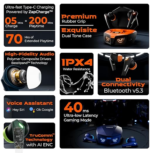 TRIGGR Kraken X1 with Battery Display, 40ms Latency, Quad Mic ENC, 40 Hr, v5.3 Bluetooth