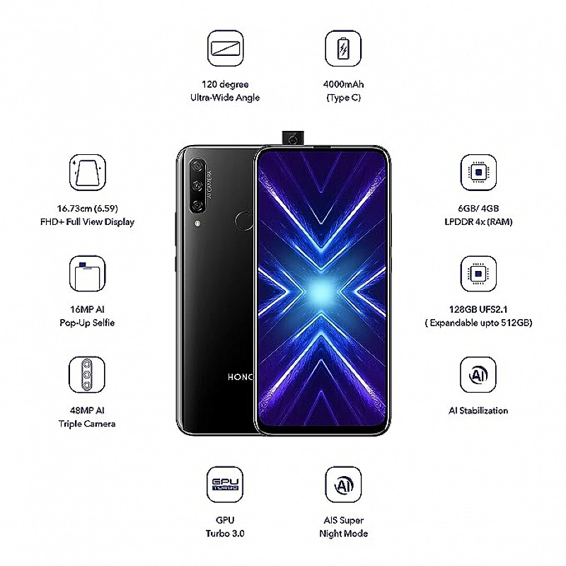 Honor 9X (Midnight Black, 4+128GB Storage) Refurbished-