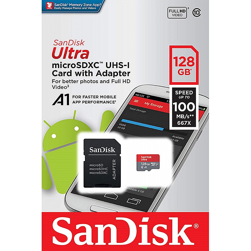 SanDisk 128GB Class 10 microSDXC Memory Card with Adapter (SDSQUAR-128G-GN6MA)