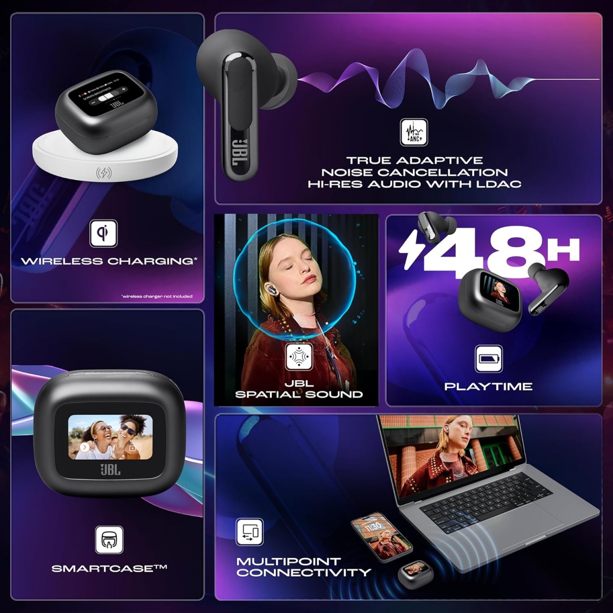 JBL New Launch Live Beam 3 TWS,Hi-Res Audio True ANC Earbuds,Smart Case with Touch Display,48H Playtime,Wireless Charging,6 Mic