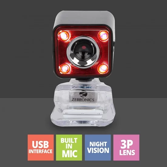Zebronics Zeb-Crystal Pro Web Camera with USB Powered 3P Lens Night Vision and Built-in Mic RED
