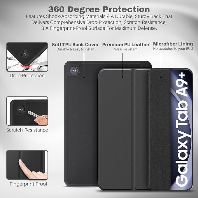 Smart Folio Case Cover for Samsung Galaxy Tab A9 Plus 11 inch (2023) with Auto Sleep/Wake Magnetic Closure, Trifold Stand, Pencil Holder (Black)