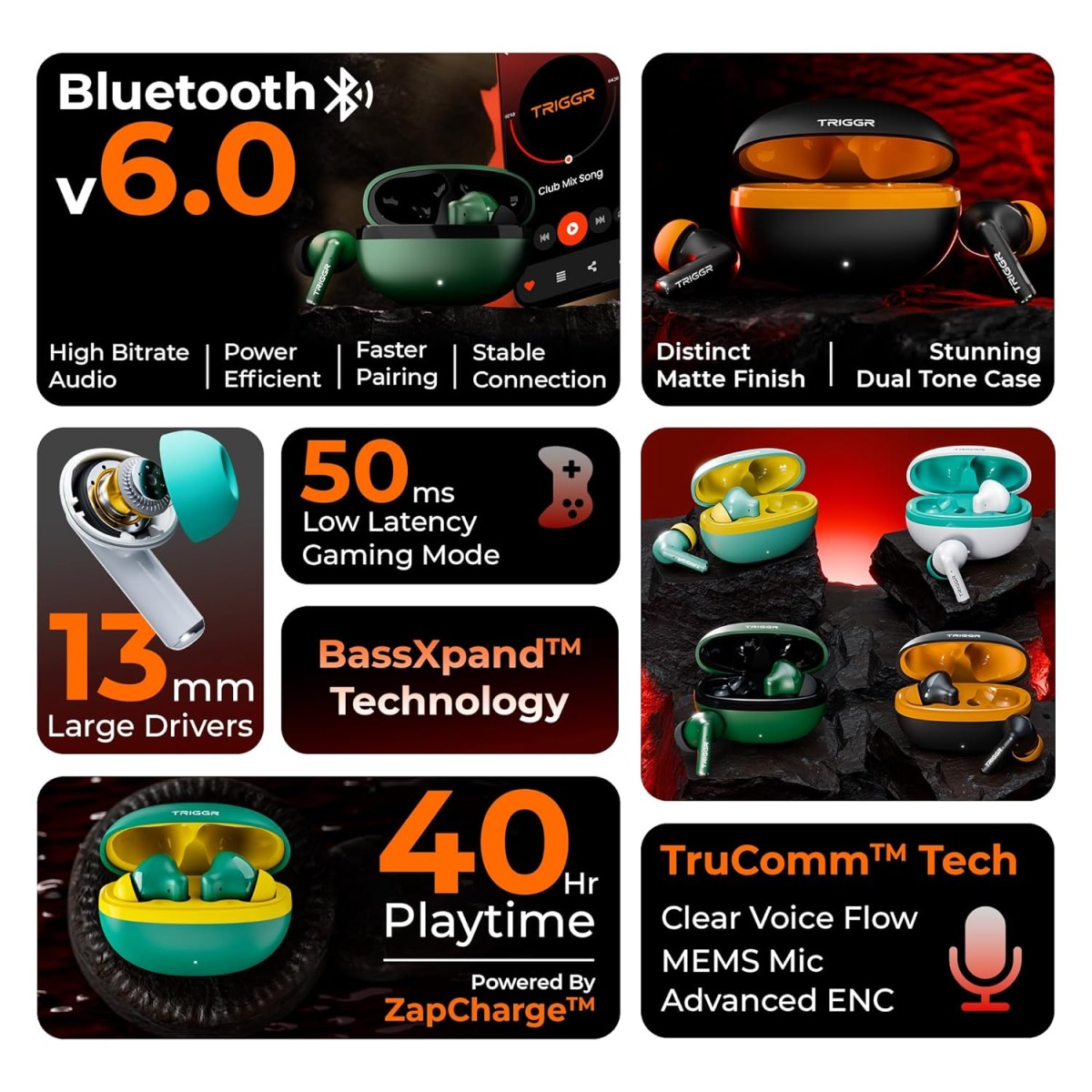 TRIGGR Ultrabuds N5 with Latest BT v6.0, 40Hr Playtime, 13mm Dynamic Drivers, Rich Bass Bluetooth (Smoky Sun, True Wireless) TRIGGR Ultrabuds N5 with Latest BT v6.0, 40Hr Playtime, 13mm Dynamic Drivers, Rich Bass Bluetooth (Smoky Sun, True Wireless)