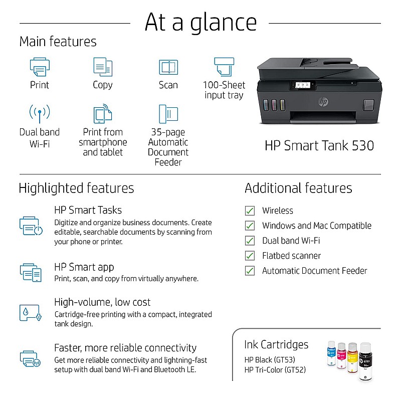 HP Smart Tank 530 Dual Band WiFi Colour Printer (Refurbished )