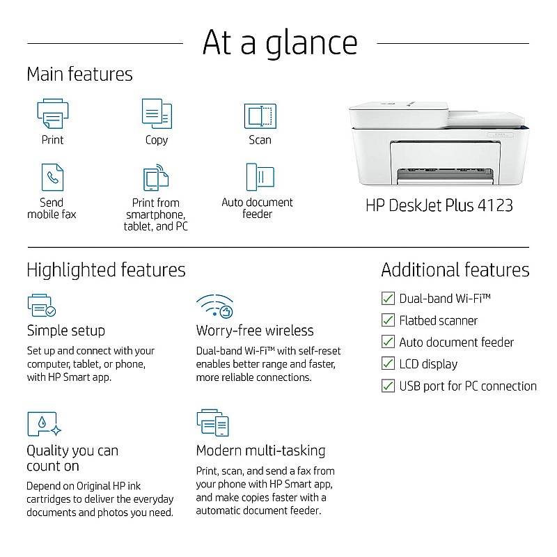 HP DeskJet Plus 4123 All-in-One Wifi Colour Printer, Scanner and Copier for Home Refurbished without Cartidges