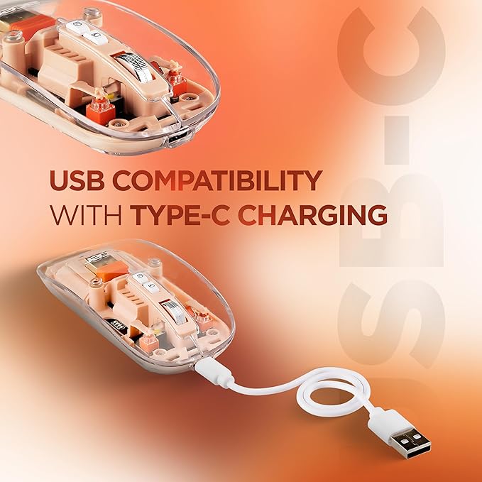Acer Clearview Transparent Wireless Mouse with Triple-Mode Connectivity, Silent Click Tech, Metal Scroll Wheel,1600 DPI Optical Sensor, USB-C Charging, Compatible Windows, MacOS, iOS, Android-Peach