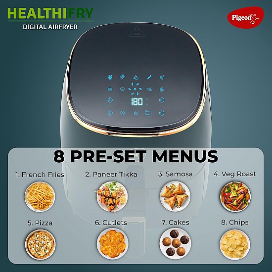 Pigeon Healthifry Digital Air Fryer, 360° High Speed Air Circulation Technology 1200 W with Non-Stick 4.2 L Basket - Green