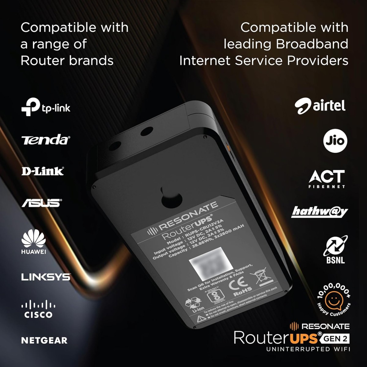 Resonate RouterUPS Gen2 | Original Router UPS for 12V WiFi Router & Modem (Supports up to 2A) (7800mAh - 95% Longer Power Backup) Resonate RouterUPS Gen2 | Original Router UPS for 12V WiFi Router & Modem (Supports up to 2A) (7800mAh - 95% Longer Power Backup)
