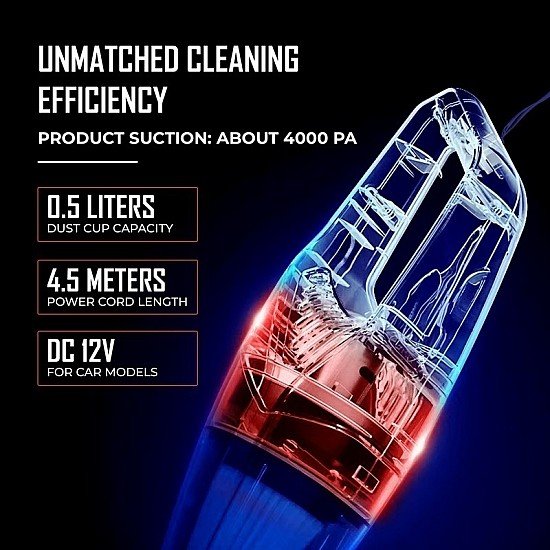 WOSCHER 589 Car Vacuum Cleaner 12V High Power 100W Handheld Portable Car Vacuum for Deep Cleaning| 4500PA Powerful Suction,10 Ft Cord, HEPA-Filter