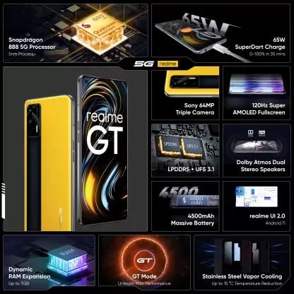 Realme GT 5G (Racing Yellow 12 GB RAM 256 GB Storage Refurbished 