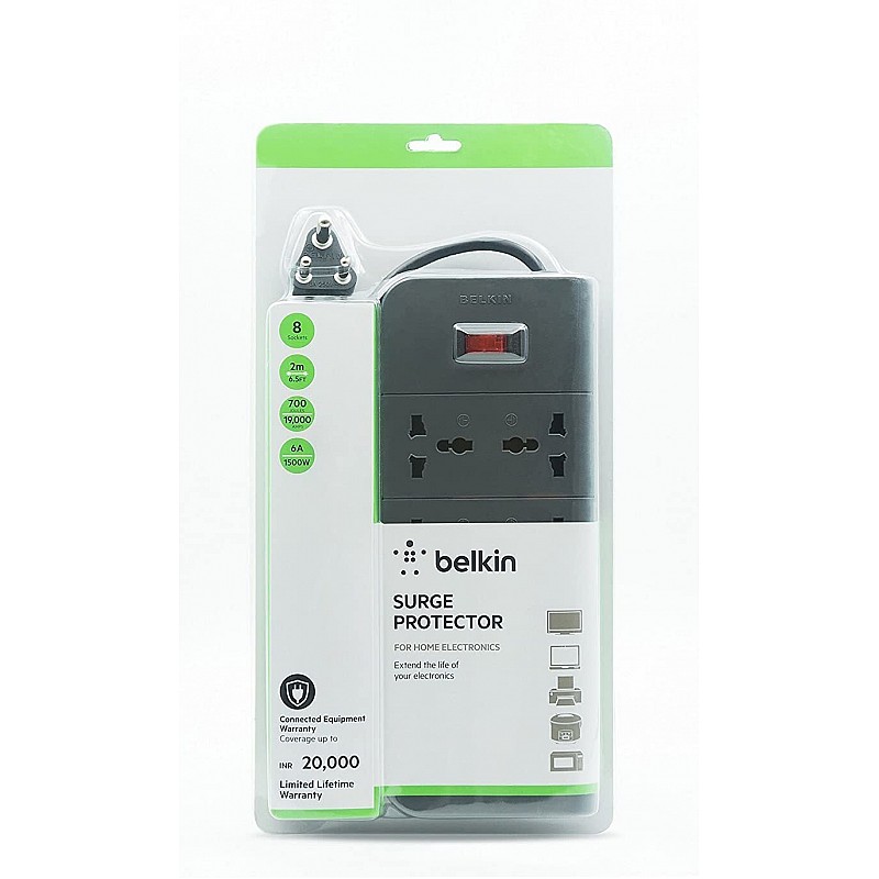 Belkin Essential Series 8-Socket Surge Protector Universal Socket with 6.5ft Heavy Duty Cable (Grey)