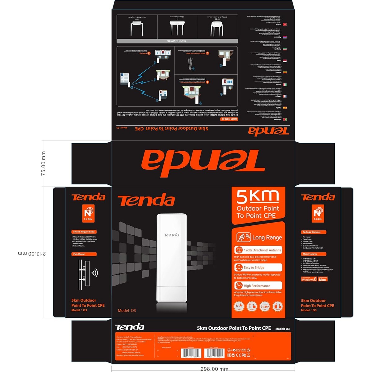 Tenda O3 2.4GHz N150 Smart Manage Outdoor CPE | 12dBi, 5km+ Point to Point Wireless Bridge