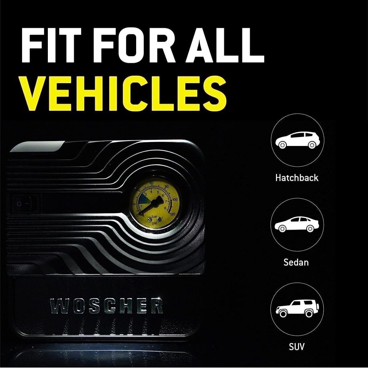 WOSCHERR Tyre Inflator for Car 12V Car Port 130PSI Portable Air Compressor for Cars, Bikes, Motorcycles, Balls, and Inflatables