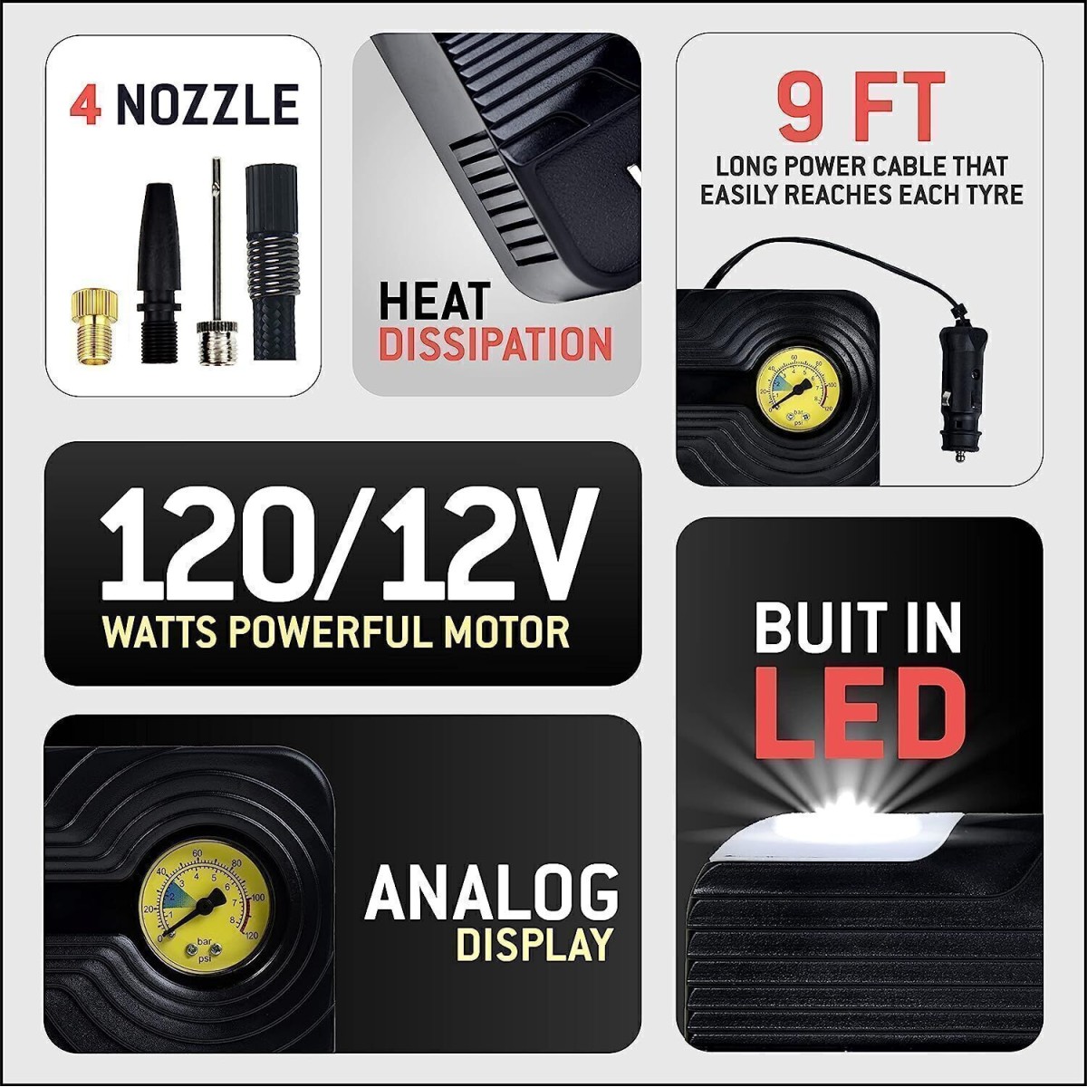 WOSCHERR Tyre Inflator for Car 12V Car Port 130PSI Portable Air Compressor for Cars, Bikes, Motorcycles, Balls, and Inflatables