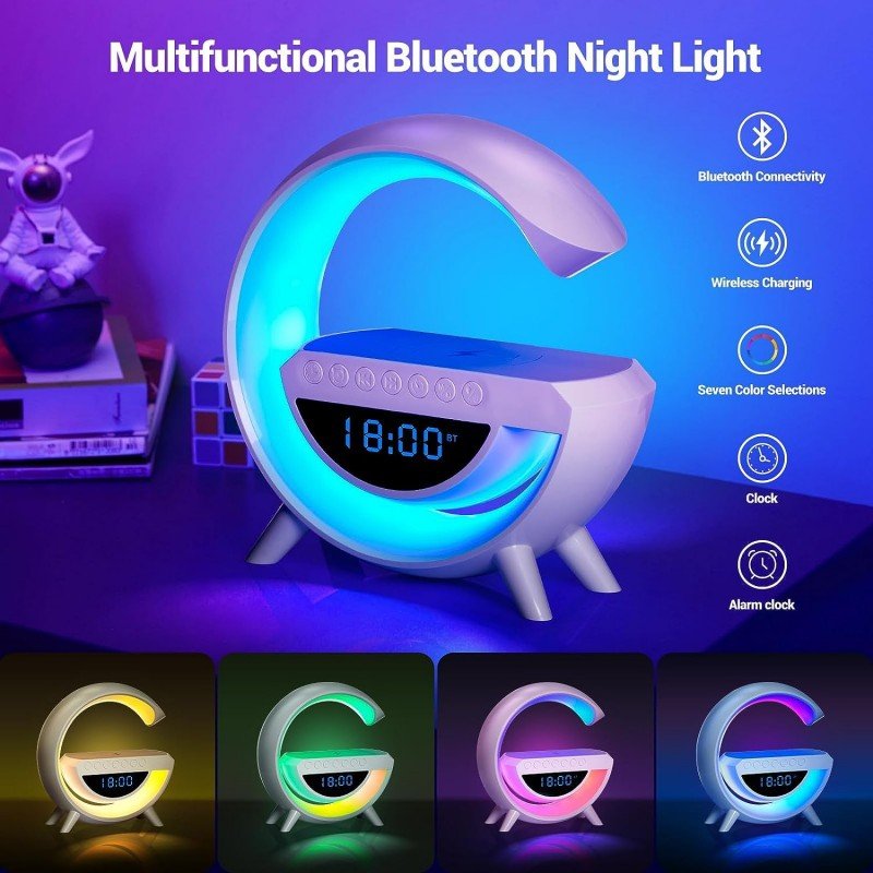 AASHRO MALL Atmosphere Night Light Wireless Phone Charger Bluetooth Speaker Alarm Clock All In One Led Table Lamp For Bedroom, Living Room, Office, Ideal Gift Choice, 15 Watts AASHRO MALL Atmosphere Night Light Wireless Phone Charger Bluetooth Speaker Alarm Clock All In One Led Table Lamp For Bedroom, Living Room, Office, Ideal Gift Choice, 15 Watts