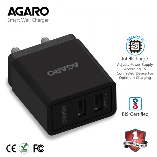 AGARO - 33271 3.1 Amp Dual Port Smart Wall Charger for All Smartphones & Tablets