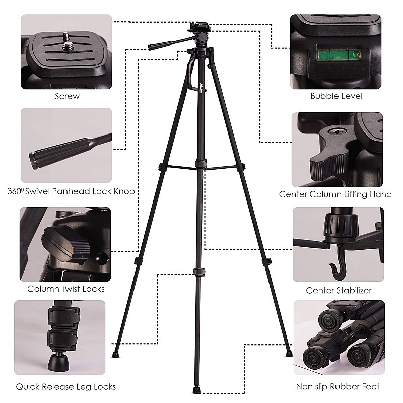 AGARO Adjustable Camera Tripod Stand with Mobile Phones Clip & Camera Holder, Supports Up to 3 Kgs, 66 inches Tall