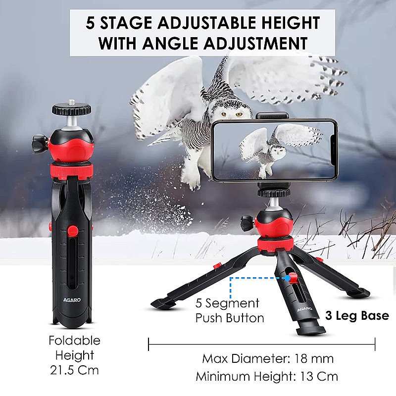 AGARO Adjustable Camera Tripod Stand with Mobile Phones Clip & Camera Holder, Supports Up to 3 Kgs, 66 inches Tall