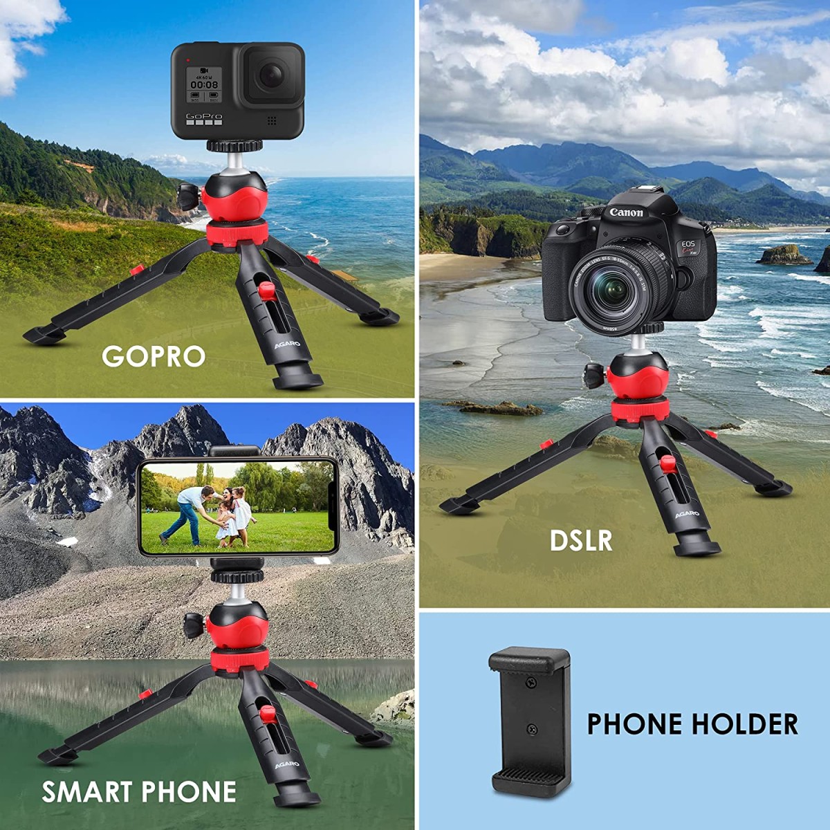 AGARO Adjustable Camera Tripod Stand with Mobile Phones Clip & Camera Holder, Supports Up to 3 Kgs, 66 inches Tall