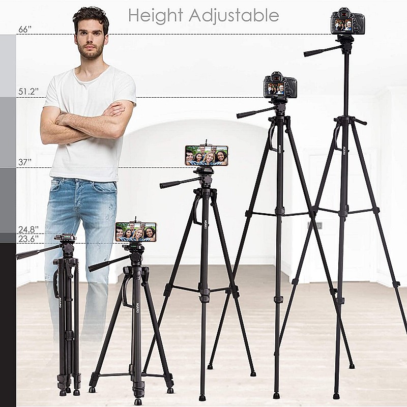 AGARO Adjustable Camera Tripod Stand with Mobile Phones Clip & Camera Holder, Supports Up to 3 Kgs, 66 inches Tall