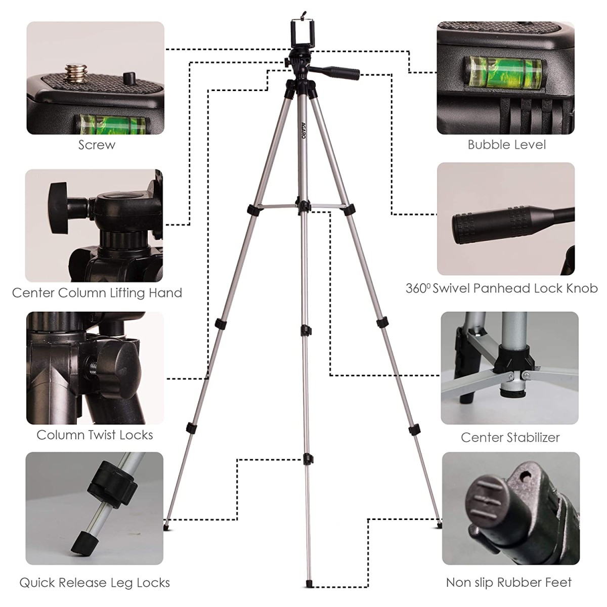 AGARO Adjustable Camera Tripod Stand with Mobile Phones Clip & Camera Holder, Supports Up to 3 Kgs, 66 inches Tall