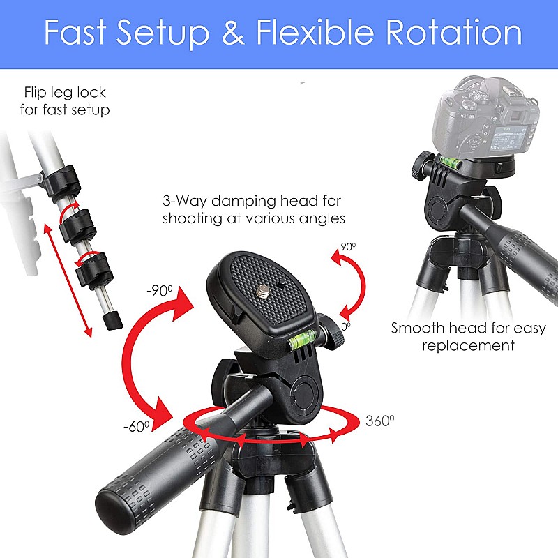 AGARO Adjustable Camera Tripod Stand with Mobile Phones Clip & Camera Holder, Supports Up to 3 Kgs, 66 inches Tall