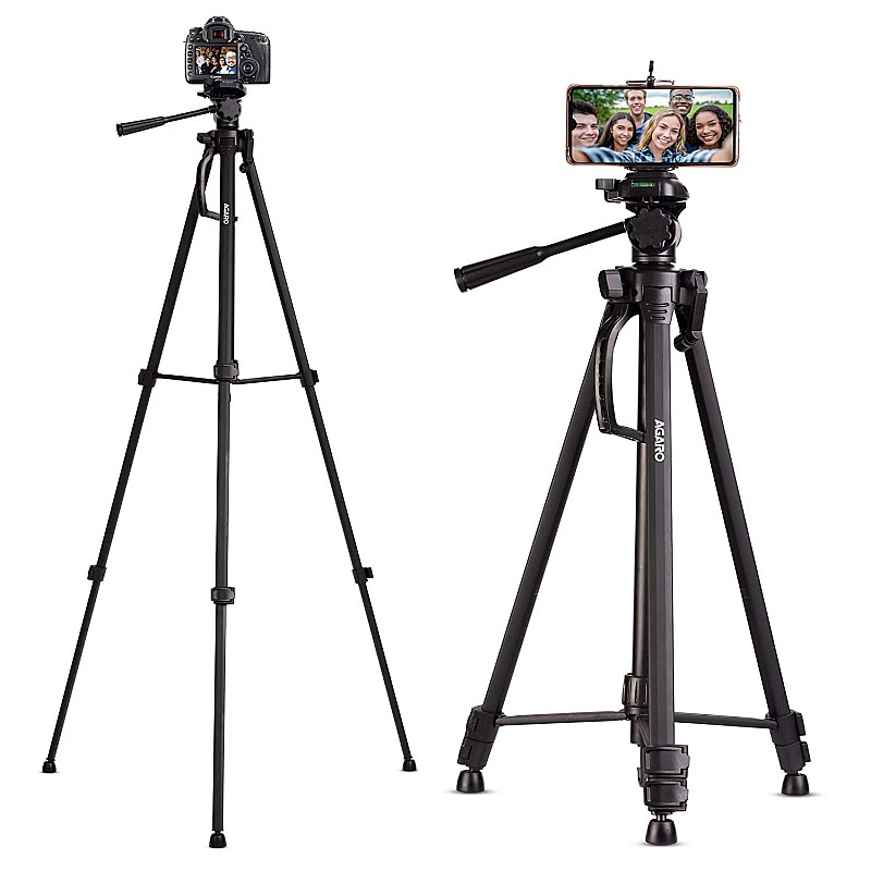 AGARO Adjustable Camera Tripod Stand with Mobile Phones Clip & Camera Holder, Supports Up to 3 Kgs, 66 inches Tall