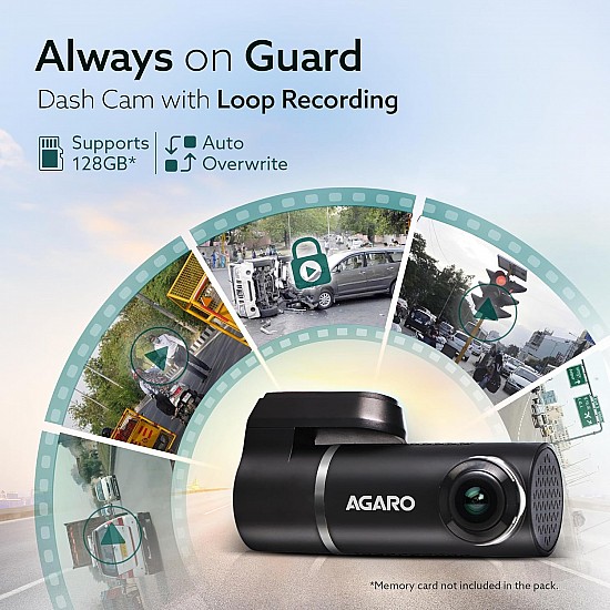 AGARO Alpha Car Dash Camera, Dashboard Recorder, 3MP, 140 Degree Wide Angle, F2.1 Aperture, Full HD, Voice Recorder, 128 GB Micro SD Card Support, Night Vision, G Sensor, Wifi, Loop Recording, DIY Set Up