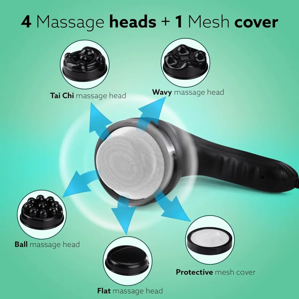 AGARO Atom Plus Handheld Massager, 4 Heads, Mesh Cover, Variable Speed, Pain Relief & Relaxation for Back, Legs & Feet